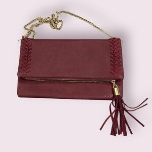 Burgundy Foldover Tassel Crossbody Bag with Chain Strap